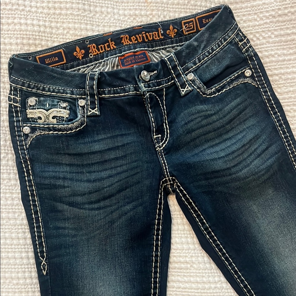 Rock Revival Blue Easy Skinny Jeans with Vintage Stitching and embellishment